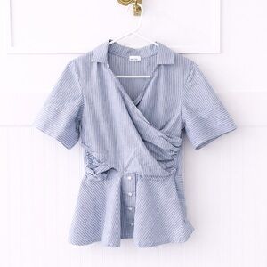 Striped Blue Wrap Peplum Top